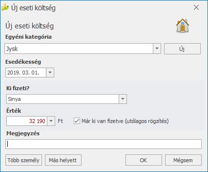 Eseti költség rögzítése